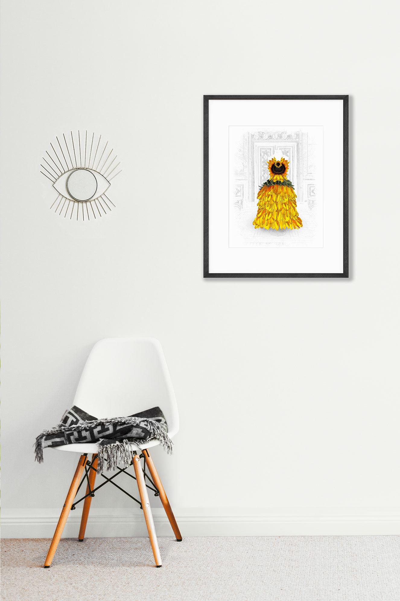 Sunshine Delight ballgown made from sunflowers, hanging on the wall