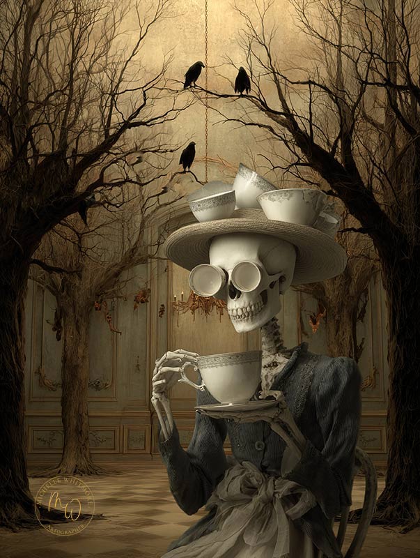A quite time for reflection, a female skeleton drinking a cup of tea.