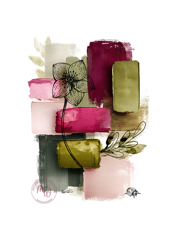 Paint swatch with line art flower and line art ladybird.