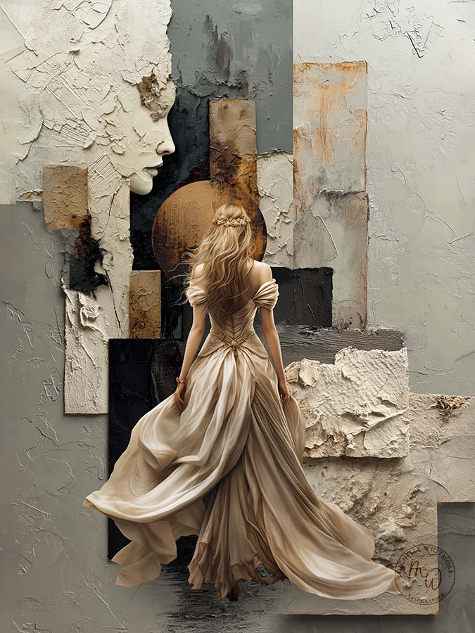 A woman in a cream floaty dress walking into the unknown. March 2026