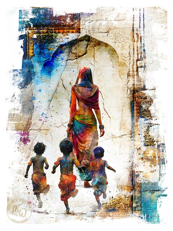 Three young children running down an alley chasing after their mother.